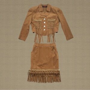 Japanese Designer Yuki Torii Tan Faux Suede Gold Bead Fringe Jacket Skirt Set